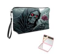 KUJKBFWJ Unique Cosmetic Bag with Pink Square Mirror, Elegant Makeup Bags with Zipper, Travel Toiletry Bag for Women for Girls Teen, 10, Grim Reaper and Red Rose, 7.9" x 5.1" x 2.55"