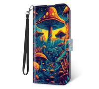 KUJKBFWJ Wallet Case for Google Pixel 8A with RFID Blocking Credit Card Holder, Flip PU Leather Magnetic Closure Wrist Strap Phone Cover for Google Pixel 8A, Mushroom World