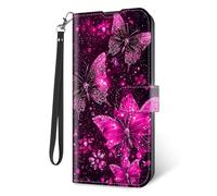 KUJKBFWJ Wallet Case for Samsung Galaxy A35 with RFID Blocking Credit Card Holder, Flip PU Leather Magnetic Closure Wrist Strap Phone Cover for Samsung Galaxy A35, Glowing Pink Butterfiies