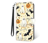 KUJKBFWJ Wallet Case for Samsung Galaxy S21 FE with RFID Blocking Credit Card Holder, Flip PU Leather Magnetic Closure Wrist Strap Phone Cover for Galaxy S21 FE, Ghosts and Pumpkins