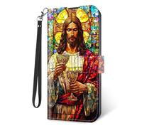 KUJKBFWJ Wallet Case for Samsung Galaxy S21 FE with RFID Blocking Credit Card Holder, Flip PU Leather Magnetic Closure Wrist Strap Phone Cover for Galaxy S21 FE, Divine Mercy
