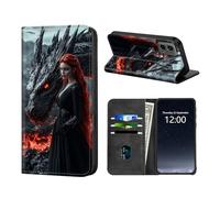 KUJKBFWJ Wallet Case for Samsung Galaxy S24, RFID Women Approved Cell Phone Wallet with 3 Card Slots,Flip PU Leather Magnetic Closure Cover for Galaxy S24, Red-haired Woman and Dragon