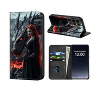 KUJKBFWJ Wallet Case for Samsung Galaxy S24 Ultra, RFID Women Approved Cell Phone Wallet with 3 Card Slots,Flip PU Leather Magnetic Closure Cover for Galaxy S24 Ultra, Red-haired Woman and Dragon