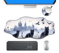 KUJKBFWJ Wave Gaming Mouse Pad with Cup Coaster Set,XXL Mousepad with Non-Slip Base, Extended Mousemat with Stitched Edges, 35.4 x 15.7 in, Mystery Black Cats