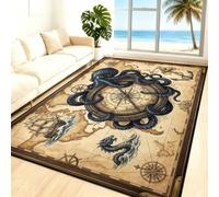 KUKEEUA Nautical Octopus Rug 180x230cm Treasure World Map Large Area Rug | Vintage Sailing Ship Compass Carpet Washable Suitable for Living Room Bedroom Dining Room