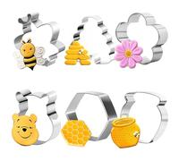 KUKIFUN 6 Pack Bee Cookie Cutter Set, Bee, Beehive, Honey Glass, Winnie the Pooh, Flower Stainless Steel Moulds for Baking Sandwiches Cake Fondant Birthday Party Decoration