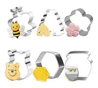 KUKIFUN 6Pcs Bee Cookie Cutters Set, Beehive,Honey Jar,Winnie The Pooh,Flower Shapes Stainless Steel Biscuit Molds for Baking Muffins Biscuits Sandwiches Fondant Birthday Party Decorations