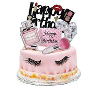 Kukifun Makeup Cake Topper 22 Pcs, Lipstick Perfume Eyelash Diamond Brush Cosmetic Cupcake Toppers, Happy Birthday Decoration for Birthday Bridal Shower Girl Women Makeup Salon Spa Party Supplies