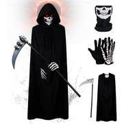 Kukigo Black Grim Reaper Costume Halloween Skeleton Reaper Fancy Dress 140CM Black Cloak Set with Glowing Glasses, Death Costume Party Cosplay Accessories for Adults Adolescent (4PCS Cloak)