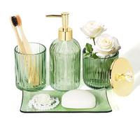 Kukikan Green Glass Bathroom Accessories Sets - Complete 4 Pcs Glass Vanity Set with Lotion Soap Dispenser, Toothbrush Holder, Vanity Tray, and Apothecary Jar for Stylish Bathroom Decor