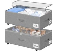 Kukikan Under Bed Storage on Wheels, 2-Pack 24 CM XXL 75L Rolling Under Bed Storage Bag with Zip, Simple Assembly Under Bed Storage Box with Lid & Label, Under Bed Drawers for Clothing, Shoes, Grey