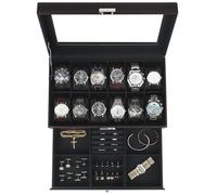 Kukikan Watch Box Jewelry Organizer, 12-Slot 2-Layer Watch Case Storage with Large Glass Lid, Watch Storage Case for Men with Lock, Watch Holder Display Case, Gift for Men Women