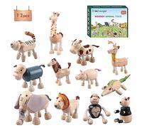 KUKIKUKI 12PCS Bendable Wooden Animal Toys, Fun and Posable Animal Toys Figures for Early Education, Safari Wood Toy for Kids, Smooth Natural Wood, Wood Animal Learning Toy for Children