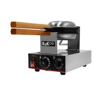 KuKoo Single Waffle Maker Machine Rotating Round Deep Fill Non-Stick Iron Plates Electric 1000W 50-250C Automatic Temperature 1-5 Minute Timer Commercial Stainless Steel Cool Touch Handle FREE Tongs S