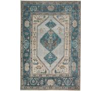 Kukoon Teal Blue Distressed Bordered Medallion Non Slip Washable Low Pile Rug | Size: 60 cm x 110 cm Kukoon Teal 60 cm x 110 cm