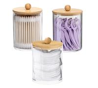 KUKUJIWA Cotton Pad Holder with Bamboo Lids, 3 Pack Clear Plastic Storage Containers for Cotton Balls, Swabs, Floss, Hair Clips, Stackable Makeup Organizer for Bathroom Vanity