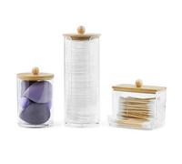 KUKUJIWA Makeup Organiser Set, Acrylic Cotton Pad Holder with Bamboo Lid for Bathroom Storage Cotton Swab Dispenser Clear Round Cotton Wool Bud Jar for Vanity