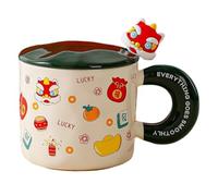 KUKUUU 400ML Ceramic Coffee Mug with Lid & Spoon Lion Dance Tea Cup(Green)