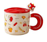 KUKUUU 400ML Ceramic Coffee Mug with Lid & Spoon Lion Dance Tea Cup(Red)