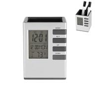 Kukyller Multifunctional LED Desk Clock, Digital Clock Pen Holder LCD Screen Pencil Holder Desk Time Date Temperature Display Case for Home