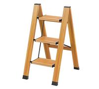 KULACO Folding Ladder, 3 Steps, Aluminium, Portable, Non-Slip, Up to 150 kg, Wood Grain Design for Kitchen, Bathroom, Camping
