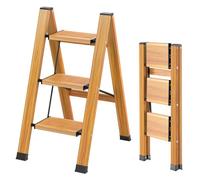 KULACO Step Ladder, 3 Steps Foldable, Aluminium Folding Ladder, Portable Step Ladder, Non-Slip Household Ladder, Multifunctional Ladder, Wood Grain Design for Home and Camping, Maximum Load 150 kg