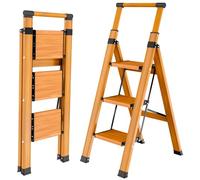 KULACO Step Ladder 3 Steps, Foldable, Non-Slip Household Ladder, Portable Stepladder with Extendable Handrail, Multifunctional Ladder, Wood Grain, Aluminium Folding Ladder, Load Capacity up to 150 kg