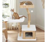 KULAMOON Modern Cat Tree Tower for Indoor Cats - Multi-Level Solid Wood Cat Condo w/Caves, 2 Large Perches, Scratching Posts, Hanging Toy for Large Cats Adult - Luxury Boho Pet Furniture