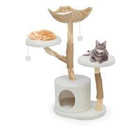 KULAMOON Solid Wood Cat Tree Tower, Modern Multi-Level w/ 2 Flower Perches, Scratching Post, Hanging Ball - Luxury Boho Cat Furniture w/Condo & Wicker Basket for Indoor Cats
