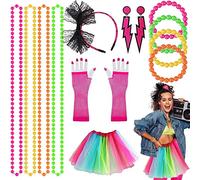 Kulannder 6 Pcs 80s Fancy Dress Costume Accessories for Women and Girls, Retro Women Dresses Party with Neon Rainbow Dress Glove Neon Bracelets Necklaces Lace Bow Headband for 1980s Party