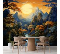 Kuletkear Removable Wall Mural Mountain Trees Sun Self-Adhesive Large Wallpaper Japanese Style for Walls Living Room Bedroom TV Background Kids Girls Rooms Decoration 400x280cm