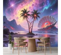 Kuletkear Removable Wall Mural Palm Tree Shell Pearls Wallpaper Dreamy Landscape Poster Paper Self-Adhesive Waterproof for Living Room Bedroom Office Nursery Décor 350x245cm