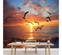 Kuletkear Removable Wall Mural Seagull Bird Self-Adhesive Large Wallpaper Sunset at Sea Waterproof Decals Art for Baby Nursery Girl Boy Kids Room Wall Decor 495x353cm