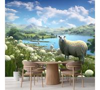 Kuletkear Removable Wall Mural Sheep Grassland Wallpaper Natural Landscape River Poster Paper Self-Adhesive Waterproof for Living Room Bedroom Office Nursery Décor 450x320cm