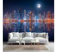 Kuletkear Removable Wall Mural Urban Architecture Wallpaper Night Moon Poster Paper Self-Adhesive Waterproof for Living Room Bedroom Office Nursery Décor 200x140cm