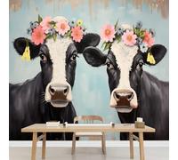 Kuletkear Wall Mural Dairy Cow Mural Wallpaper Flowering Plants Wall Decals Art Self-Adhesive Large for Living Room Bedroom Home Decor 450x320cm