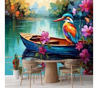 Kuletkear Wall Mural for Bedroom Wallpaper Bird Boat Flowers Wall Decals Waterproof Self-Adhesive Large Lake Natural Landscape Poster Paper for Livingroom Kids Room TV Background 249x175cm