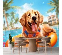 Kuletkear Wall Mural Golden Retriever Large Photo Wallpaper Palm Tree Landscape Waterproof Mural Decals for Girls Kids Bedroom Nursery Party Decoration Wedding Decor Gift 450x320cm