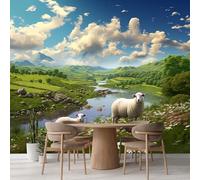 Kuletkear Wall Mural Grassland Sheep Herding Large Wallpaper Flower Cloud Natural Landscape Art Decor Paintings Removable Peel and Stick Sticker, Nursery Bedroom Living Room Decor Mural 400x280cm