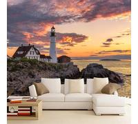 Kuletkear Wall Mural Lighthouse Large Photo Wallpaper Island Sunset View Poster Paper Removable for Living Room Bedroom Nursery Décor 450x320cm