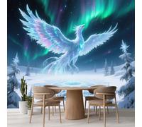 Kuletkear Wall Mural Phoenix Bird Removable Self-Adhesive Wallpaper Aurora Forest Natural Landscape Waterproof Poster Paper Wall Decoration for Bedroom Living Room 400x280cm