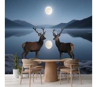 Kuletkear Wallpaper Peel and Stick Deer Waterproof Mural Moon Mountain Lake Reflection Decor Paintings for Nursery Wall Décor Girls Kids Bedroom Living Room Bathroom Home Decor 495x353cm
