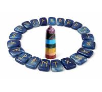 KULIA® Blue Onyx Rune Stones 25 Pcs Alphabat Set with Seven Chakra Point Elder Futhark Reiki Symbol Stones Hand Carved Runes for Beginners Chakra Balancing Runic Stones Set