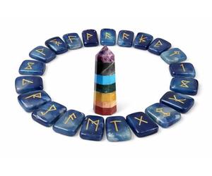 KULIA® Blue Onyx Rune Stones 25 Pcs Alphabat Set with Seven Chakra Point Elder Futhark Reiki Symbol Stones Hand Carved Runes for Beginners Chakra Balancing Runic Stones Set