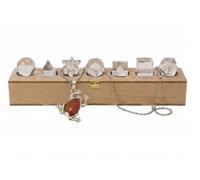 KULIA® Crystal Platonic Solids Stones with Sacred Geometry Set Handmade Wooden Storage Box 7 Pcs Clear Quartz Platonic Solids Black Agate Point Pendant Natural Tumble Stones Christmas Gifts