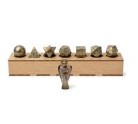 KULIA® Gold Pyrite Platonic Solids Stones 7 Pcs Different Shape with Sacred Geometry Box with Smoky Quartz Angel Guardian Statue Handcarved Wooden Box Platonic Stones Natural Tumbles