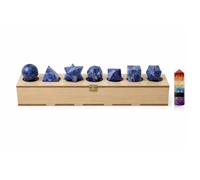 KULIA® Platonic Solids Different Shape 7 Pcs Sodalite Stones with Sacred Geometry Box Handcarved Wooden Box Crystal Point Seven Chakra Stone Reiki Tower Home Décor Crystal Gift