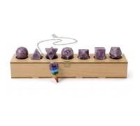 KULIA® Platonic Solids Stones with Sacred Geometry Set with Chakra Pendulum 7 Piece Crystal Tumble Stone Set in Wooden Box Feng Shui Lapidolite Platonic Stones Reiki Symbol Gifts for Her