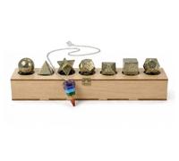 KULIA® Platonic Solids Stones with Sacred Geometry Set with Chakra Pendulum - 7 Piece Crystal Tumble Stone Set in Wooden Box Feng Shui Gold Pyrite Platonic Stones Reiki Symbol Crystal Gifts