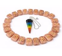 KULIA® Rune Stones Set with Seven Chakra Pendulum Sunstone Runes 25 Pcs Crystal Tumble Stones Set Alphabat Reiki Symbol Hand Carved Natural Gemstone Pendulum Runic Set